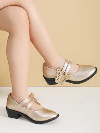 蝴蝶花女童鞋，金色儿童高跟鞋，女童春鞋