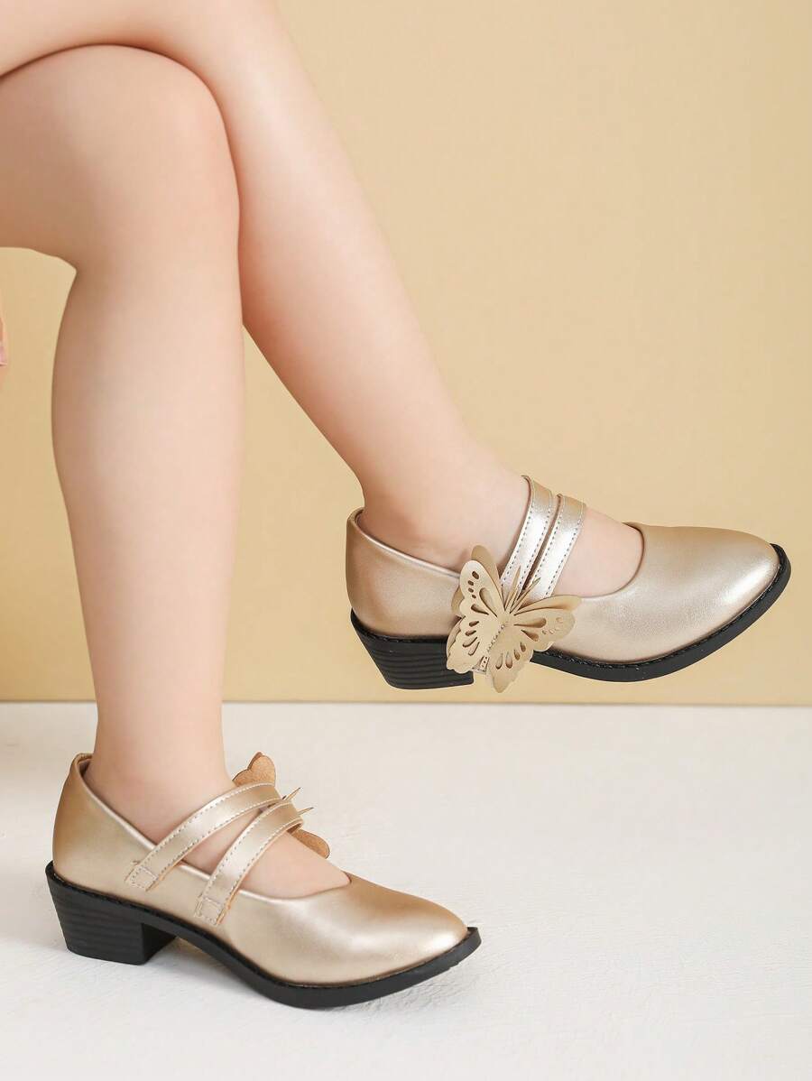 Butterfly Flower Girl Shoes, Golden Color Kids High Heel Shoes, Girls Spring Shoes - Gold - View 1