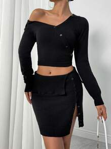 Chiquease 2 pièces Ensemble automnal de Top court à col asymétrique et jupe à boutons sur le côté - Noir - Voir 4
