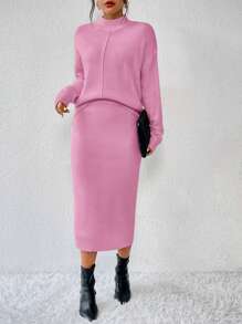 Chiquease 2pcs Set Minimalist Casual Drop Shoulder Knitted Sweater And Mini Skirt - Pink - View 3