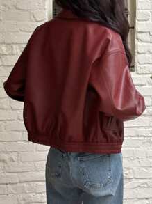 DAZY Women Casual Plain PU Regular Jacket, Spring,Fall Clothes - Burgundy - View 2