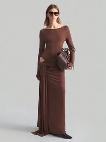 Ontre Elegantes Kleid mit Hohlmuster und Twist, braun, eng tailliert, moderner Stil, geeignet für Valentinstag und Partys, Frühling