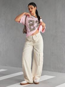 SHEIN EZwear 女士休闲纯色阔腿工装牛仔裤 - 杏色 - 查看 2