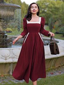 Vintamour Vintage Women's Contrast Color Block Square Neck Long Sleeve Dress, Simple & Minimalist Christmas Valentine's Day Dresses For Women Elegant Valentine's Day Valentines Clothes Business Casual Woman Church Clothes Women Red Dresses Classy Elegant