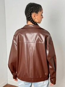 SHEIN Leap Crew Teen Girls Plain PU Collar Loose Casual Pockets Versatile Jacket - Brown - View 2