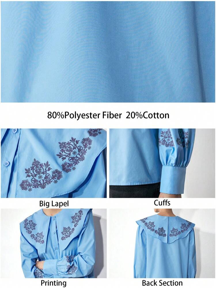 SHEIN Maija ボヘミアン ノマディック フローラル プリントVネック エレガントネイビーブルーコットンブラウス、多目的夏のビーチバケーション用レディースシャツ