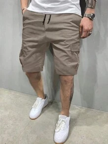 Manfinity Homme Men Flap Pocket Drawstring Waist Cargo Shorts, Men Shorts Khaki, Men Cargo Shorts, Men Capri Short Drawstring, Men Casual Shorts, Streetwear Men Shorts - Brown - View 3