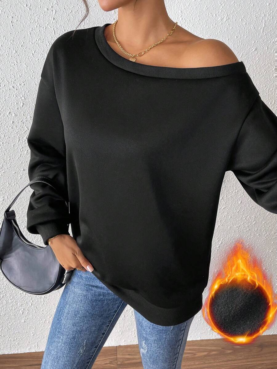 SHEIN PETITE Fleece Oblique Collar Pullover Sweatshirt Fall - Black - View 1