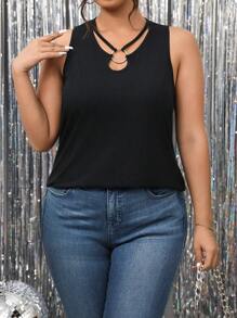 EMERY ROSE Camiseta sin mangas de mujer talla grande de cuello redondo, color negro sólido, con espalda cruzada y abertura - Negro - Ver 6