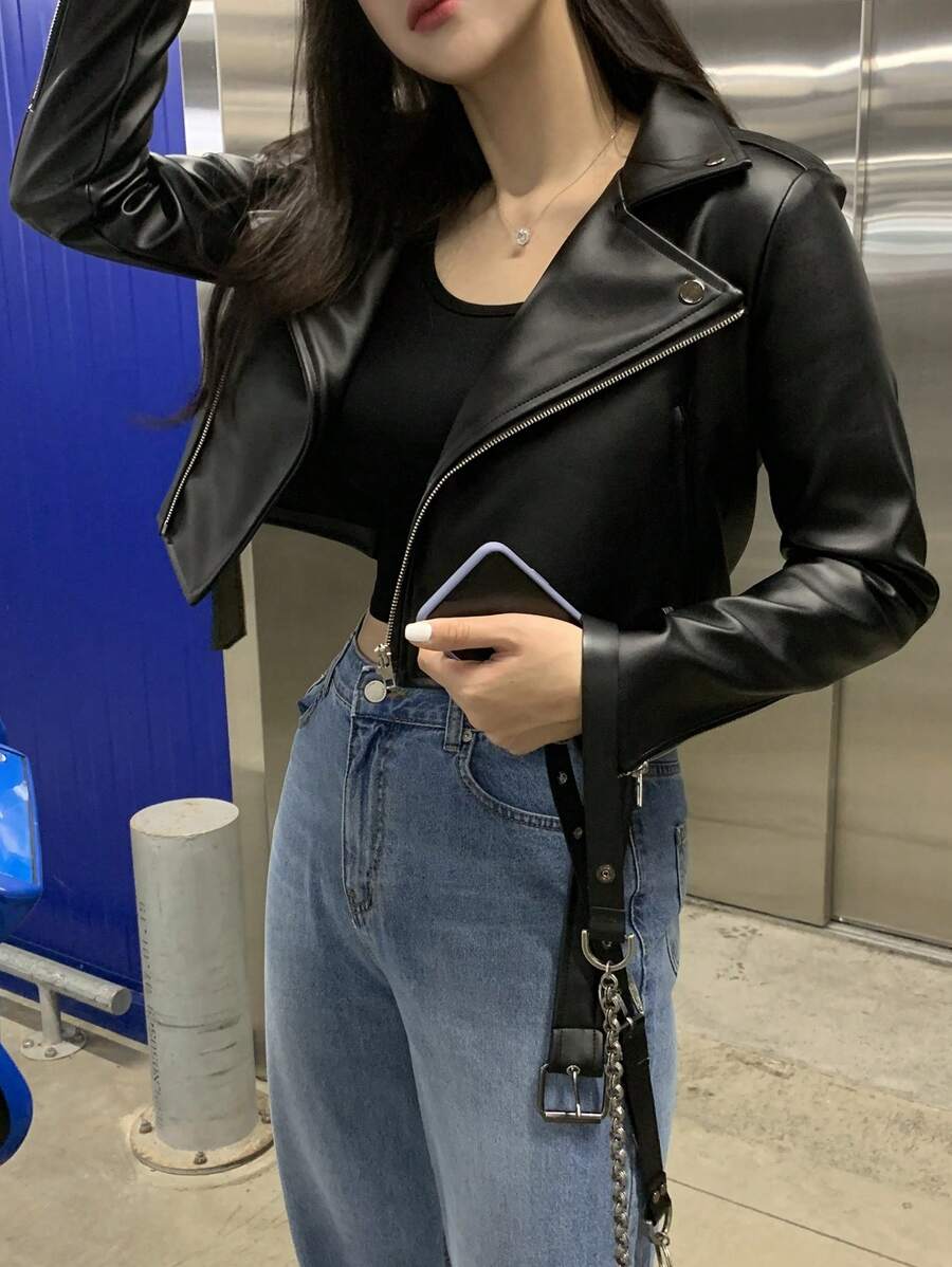 DAZY 短款 PU 皮革翻领休闲时尚女式夹克，返校服，秋季女装 - 黑色 - 查看 1