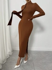 SHEIN Clasi 女士优雅纯色不对称领长袖紧身连衣裙，春秋装