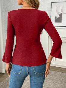INAWLY Women Bell Sleeve T-Shirt With Front Drawstring, Casual Fashion For Autumn - Red - View 2