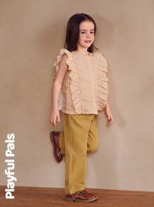 SHEIN 2pcs Young Girls Sets: Cute/Vintage Ruffled Blouse And Retro Straight-Leg Cargo Pants Outfits, Suitable For School And Outdoor Activities In Summer - Yellow - View 3