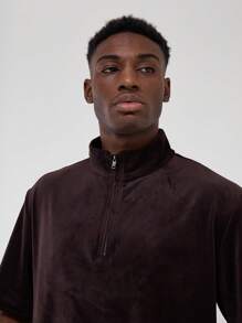 Musero Velour Short Sleeve Quarter Zip Tracksuit Top Only Co Ord Set Autumn Winter Essentials - Coffee Brown - View 5