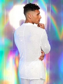 FeverCity Men's Front Button Long Sleeve Simple Top And Trousers Suit Set - White - View 2