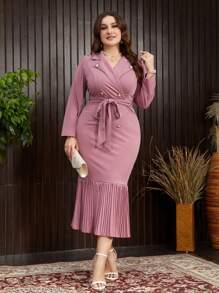 Modelyn Plus Size Solid Color Button Down Long Sleeve Tie Front Casual Dress