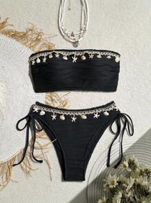 Breezaya Summer Women 2pcs Textured Solid Color Shell Strap Decor Halter Tie Bikini Set Set, Handmade Shell Quantity Random - Black - View 2