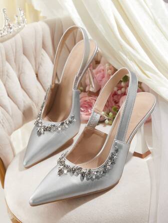 CUCCOO HITCHD Fashionable & Elegant Silver Glitter Rhinestone Decor Pointed Toe Slim High Heels, Perfect For Wedding, Bridesmaid, Party, Event, Christmas, New Year, Valentine's Day, Comfortable Spring Shoes Spring Break Easter Prom Heels