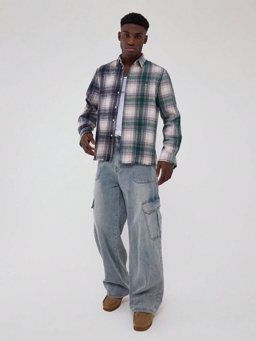 Musero Áo sơ mi flannel tay dài, dáng rộng, phối hai tông màu tương phản, cổ cài cúc, chất liệu flannel, thích hợp cho mùa xuân hè. - Nhiều màu - Xem 1