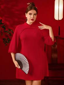 SHEIN Clasi Plus Size Women's Chinese Style Red Waist Cinched Midi Dress, Suitable For New Year, Valentine's Day, Thanksgiving, Christmas, Easter, Anniversary Ball, Christmas Eve, Christmas Party, Christmas Home Decor, Spring Holidays - Red - View 3