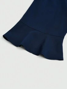 SHEIN Clasi 大码女式 V 领蝴蝶结荷叶边袖优雅连衣裙，办公室服装 - 藏蓝色 - 查看 3