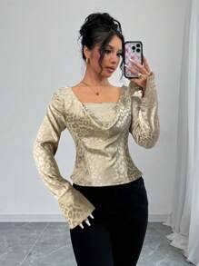 SHEIN Unity 随机花卉豹纹印花优雅领口收腰长袖修身短款女式衬衫 - 香檳色 - 查看 5