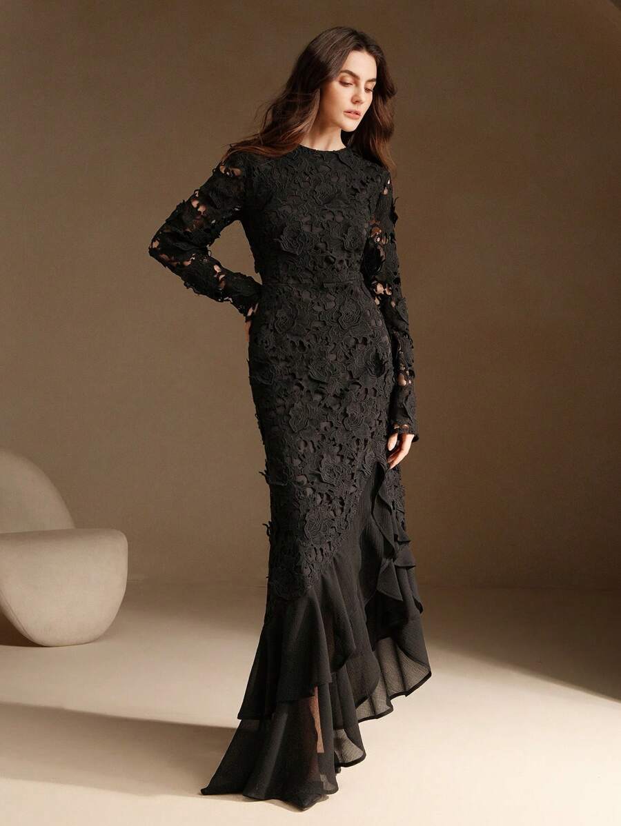 Anewsta White Lace 3D Floral Mermaid Hem Dress - Black - View 1