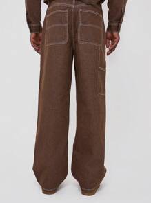 Musero Contrast Stitch Baggy Jeans - Khaki - View 4