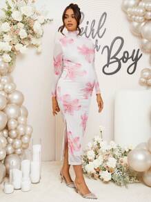 Loomaby Maternity Floral Print Stand Collar Long Sleeve Slim Fit Dress, For Baby Shower Party - Black - View 5