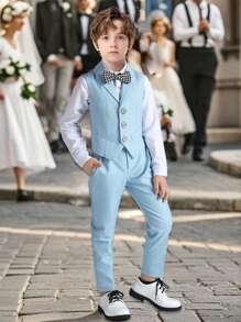 SHEIN 2 piezas Traje de caballero para niños pequeños - Chaleco y pantalones, adecuado para cumpleaños, Navidad, bodas - Azul - Ver 3