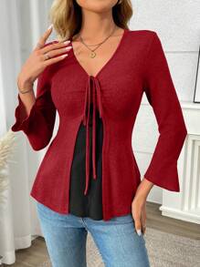 INAWLY Women Bell Sleeve T-Shirt With Front Drawstring, Casual Fashion For Autumn - Red - View 3