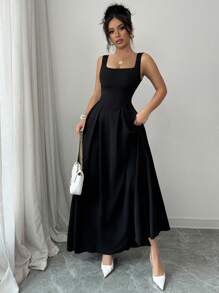 Selianne 方领A字腰收腰女士连衣裙，秋冬，欧美风格 - 黑色 - 查看 5