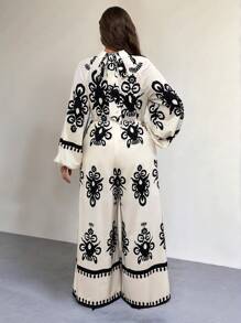SHEIN Privé 大码女式春秋假期优雅花卉印花阔腿连体裤，带口袋，拼色无袖连体裤 - 彩色 - 查看 2