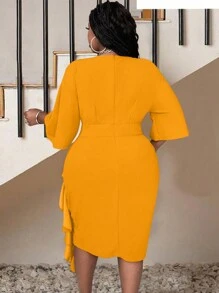 Maweii Plus Size Women Tight Stretch Knee-Length Dress, Ruffle Patchwork Waist Slimming Fitted Dress, Autumn