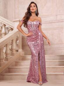 SHEIN Belle Vestido formal de lentejuelas con hombros descubiertos, cintura ceñida y abertura alta hasta el muslo, elegante vestido de noche para baile de graduación, ideal para invitadas a bodas - Rosa Pálido - Ver 1