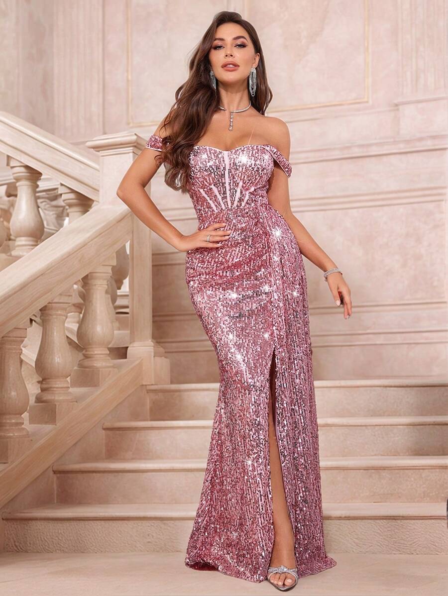 SHEIN Belle Vestido formal de lentejuelas con hombros descubiertos, cintura ceñida y abertura alta hasta el muslo, elegante vestido de noche para baile de graduación, ideal para invitadas a bodas - Rosa Pálido - Ver 1