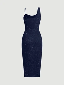 Zolique Vestido negro ajustado para mujer con diseño asimétrico, espalda descubierta, plisado y detalles de lentejuelas - Azul Marino - Ver 2