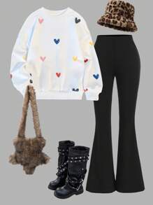 Tween Girl Casual Colorful Heart Handpainted Loose Oversized Round Neck Dropped Shoulder Hoodie And Skinny Flare Pants Set, Suitable For Home, Outdoor, And School