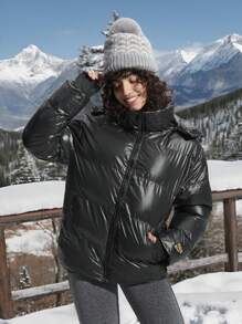 In My Nature Women Outdoor Sports Casual Urban Commute Super Warm Self-Heating Padded Coat, Shiny Black Winter Women Tops