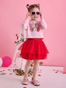 Glamorique Kids Girls Valentine's Day Pink Graphic Top Paired With Red Multi-Layer Tulle Dress