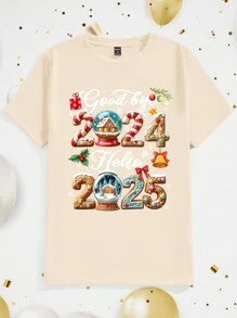 Manfinity Homme 2025 New Year Element Letter Print Casual Family Matching Tee, Single Item Khaki Crew Neck Short Sleeve T-Shirt, Men Regular Fit Suitable For Couples, Family Combination Outfit