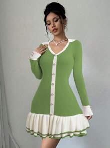 Chiquease Damen einfarbiges Patchwork-Strickkleid mit Knopfleiste und Langarm - Grün - Übersicht 5