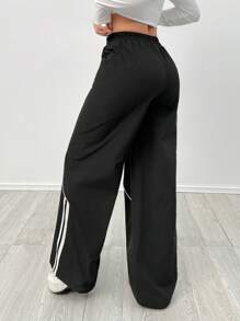SHEIN PETITE Mädchen Schule-Freizeit Gewobenes Band Schwarz Weite Bein Jogginghose