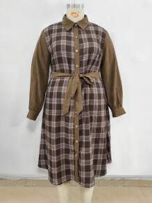 SHEIN LUNE 大码女式格子纯色拼布长袖连衣裙