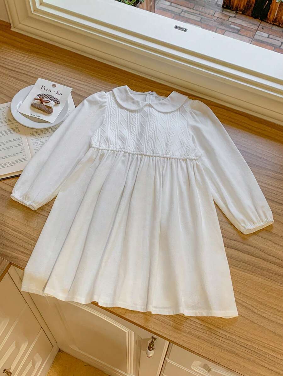 SHEIN Young Girls Elegant French Style White Knit & Woven Patchwork Loose Turtleneck Dress, Autumn/Winter