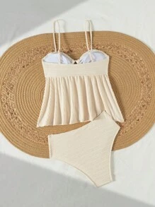 Swim Mod Women Textured Fabric Solid Color Spaghetti Strap Ruffle Hem Camisole And Bikini Set Summer