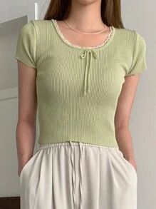 DAZY Women Lace Patchwork Round Neck Simple Green Knit Top - Green - View 8