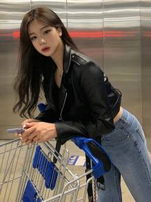 DAZY Chaqueta de mujer de estilo corto, casual y de moda, con cuello de solapa de piel sintética (PU)