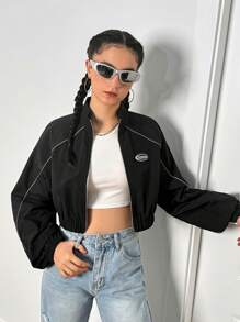 SHEIN Leap Crew TEENGIRL Letter Patched Detail Contrast Piping Crop Black Fall Clothes Jacket - Black - View 3