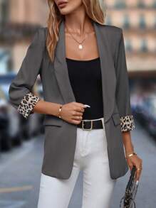 SHEIN Clasi Chaqueta informal de mujer con estampado de leopardo y parches, cuello de solapa - Otoño